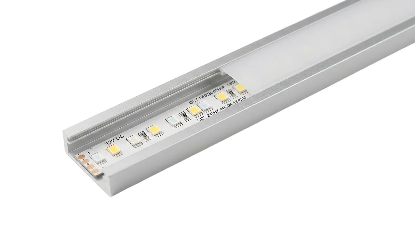 LED pásek CCT 18W 12V v hliníkovém profilu — efektivní chlazení, certifikace IP20, CE, RoHS